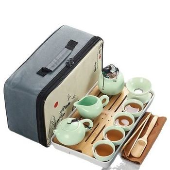 Set de ceai ceramic de călătorie — kit portabil pentru exterior, tavă din lemn, personalizabil, pentru 6 persoane