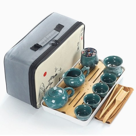 Set de ceai ceramic de călătorie — kit portabil pentru exterior, tavă din lemn, personalizabil, pentru 6 persoane