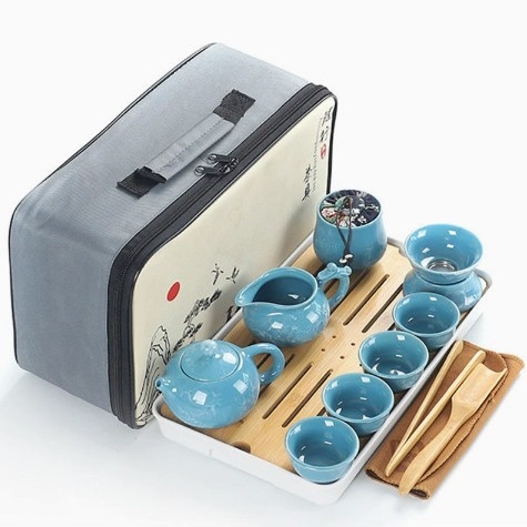 Set de ceai ceramic de călătorie — kit portabil pentru exterior, tavă din lemn, personalizabil, pentru 6 persoane