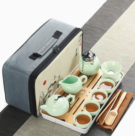 Set de ceai ceramic de călătorie — kit portabil pentru exterior, tavă din lemn, personalizabil, pentru 6 persoane