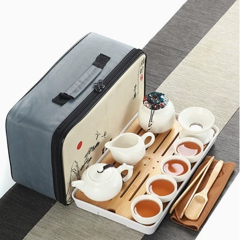 Set de ceai ceramic de călătorie — kit portabil pentru exterior, tavă din lemn, personalizabil, pentru 6 persoane