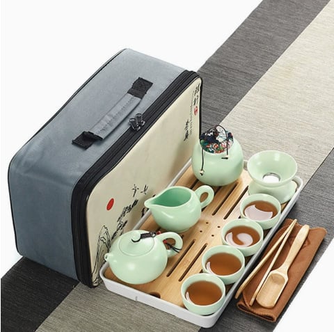 Set de ceai ceramic de călătorie — kit portabil pentru exterior, tavă din lemn, personalizabil, pentru 6 persoane