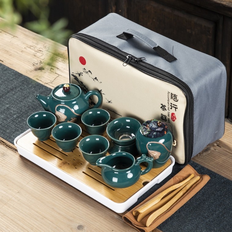Set de ceai ceramic de călătorie — kit portabil pentru exterior, tavă din lemn, personalizabil, pentru 6 persoane