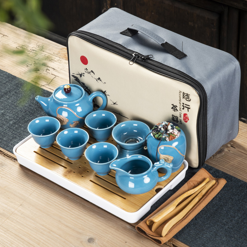 Set de ceai ceramic de călătorie — kit portabil pentru exterior, tavă din lemn, personalizabil, pentru 6 persoane