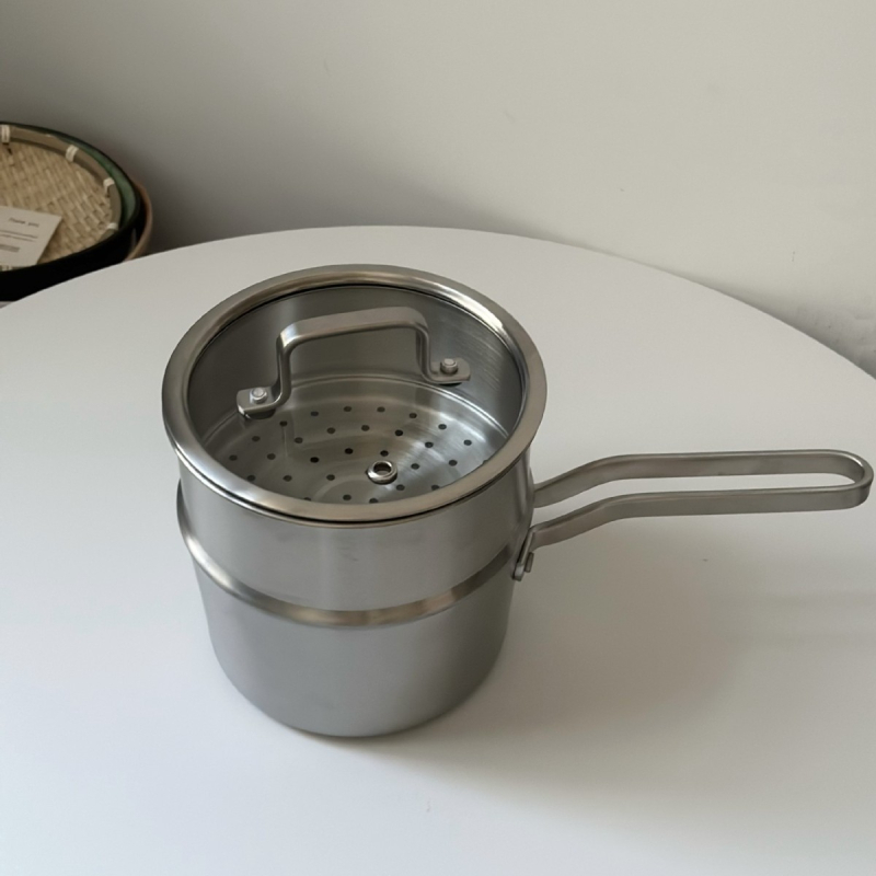 Oală mică din oțel inoxidabil 304, netencuită, cu design nervurat, pentru alimentația bebelușilor și tăițeilor instant, însoțită de lingură