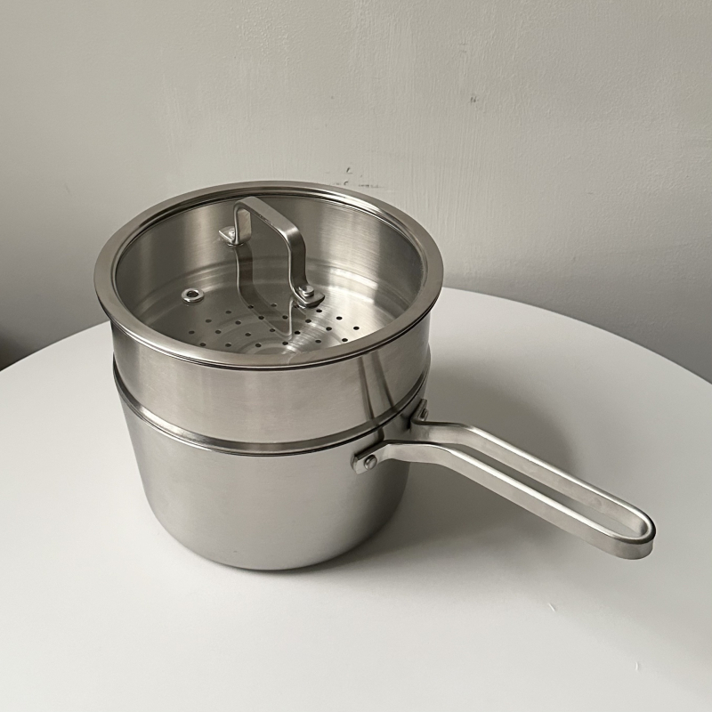Oală mică din oțel inoxidabil 304, netencuită, cu design nervurat, pentru alimentația bebelușilor și tăițeilor instant, însoțită de lingură