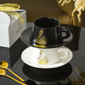 Ceașcă ceramică de cafea cu farfuriu și linguriță, set de ceai în cutie cadou elegantă, pentru cupluri