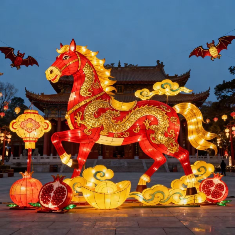 Felinare mari în exterior, în formă de cal, pentru zone pitorești, piețe, parcuri și târguri de temple în timpul festivalului felinarelor (Anul Calului, 2026)