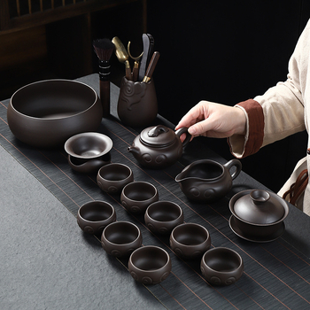 Set complet de ceai Kung Fu din ceramică mov cu nisip, pentru uz casnic și birou, include ceainic, cești și gaiwan, personalizare logo