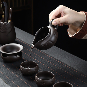 Set complet de ceai Kung Fu din ceramică mov cu nisip, pentru uz casnic și birou, include ceainic, cești și gaiwan, personalizare logo