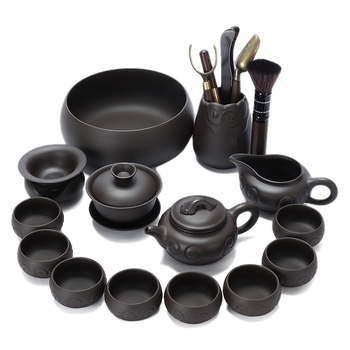 Set complet de ceai Kung Fu din ceramică mov cu nisip, pentru uz casnic și birou, include ceainic, cești și gaiwan, personalizare logo