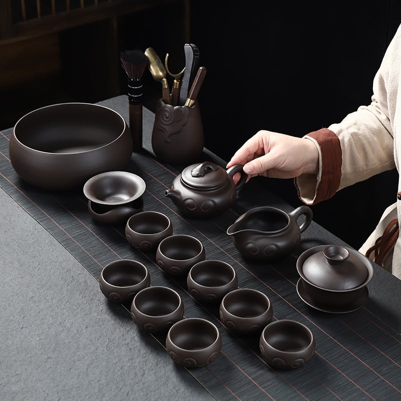 Set complet de ceai Kung Fu din ceramică mov cu nisip, pentru uz casnic și birou, include ceainic, cești și gaiwan, personalizare logo