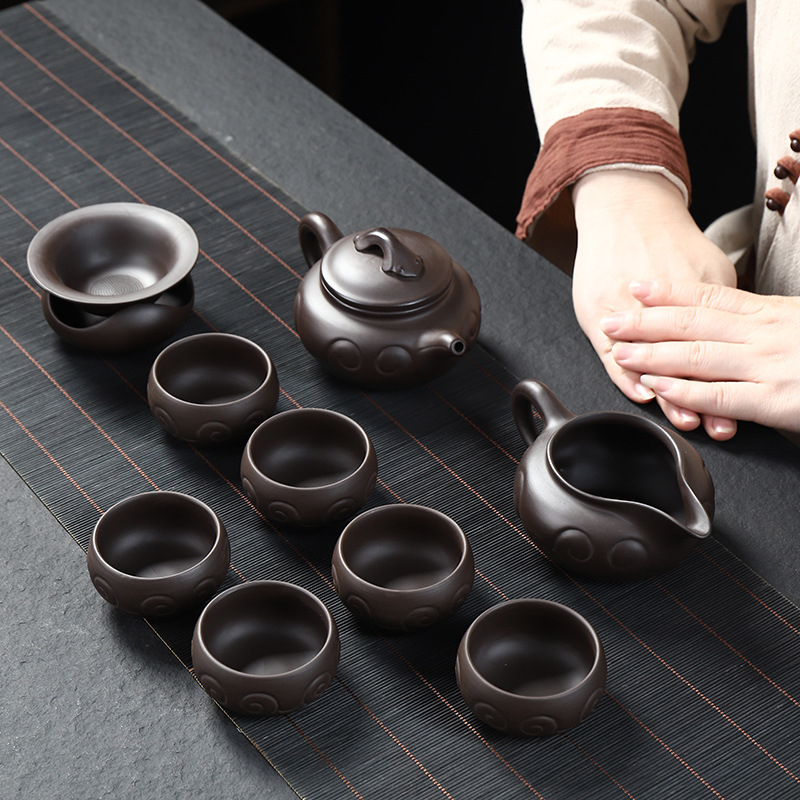 Set complet de ceai Kung Fu din ceramică mov cu nisip, pentru uz casnic și birou, include ceainic, cești și gaiwan, personalizare logo