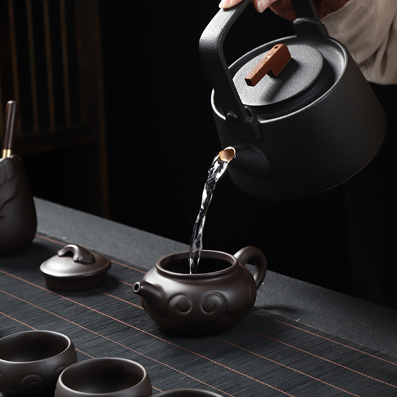 Set complet de ceai Kung Fu din ceramică mov cu nisip, pentru uz casnic și birou, include ceainic, cești și gaiwan, personalizare logo