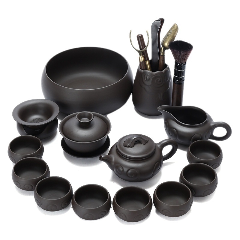 Set complet de ceai Kung Fu din ceramică mov cu nisip, pentru uz casnic și birou, include ceainic, cești și gaiwan, personalizare logo