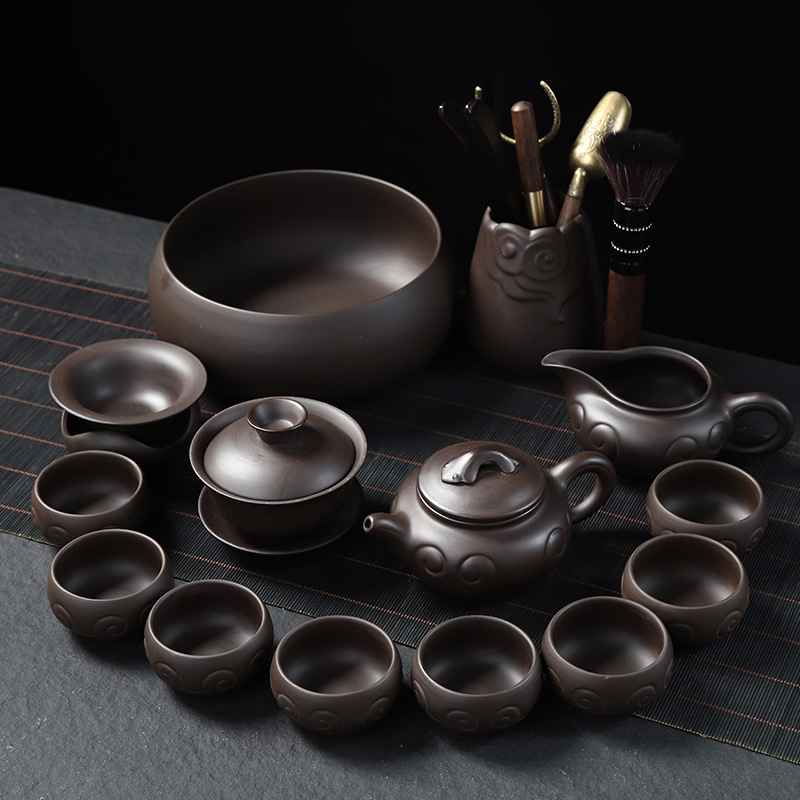 Set complet de ceai Kung Fu din ceramică mov cu nisip, pentru uz casnic și birou, include ceainic, cești și gaiwan, personalizare logo