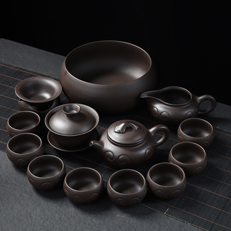 Set complet de ceai Kung Fu din ceramică mov cu nisip, pentru uz casnic și birou, include ceainic, cești și gaiwan, personalizare logo