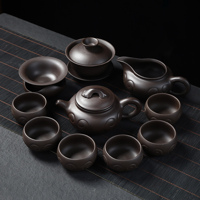 Set complet de ceai Kung Fu din ceramică mov cu nisip, pentru uz casnic și birou, include ceainic, cești și gaiwan, personalizare logo