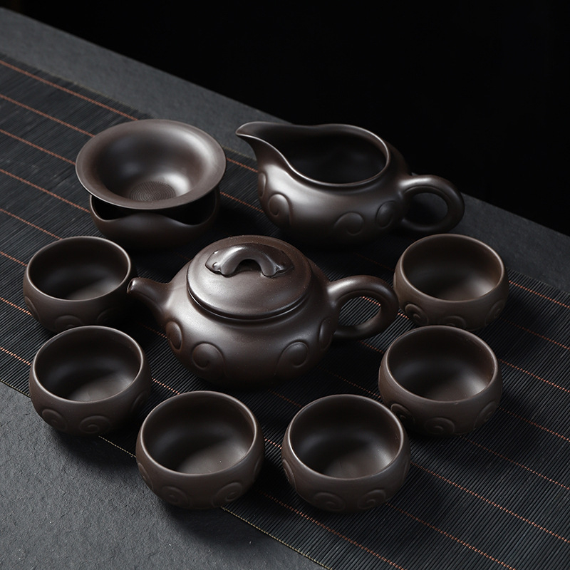 Set complet de ceai Kung Fu din ceramică mov cu nisip, pentru uz casnic și birou, include ceainic, cești și gaiwan, personalizare logo