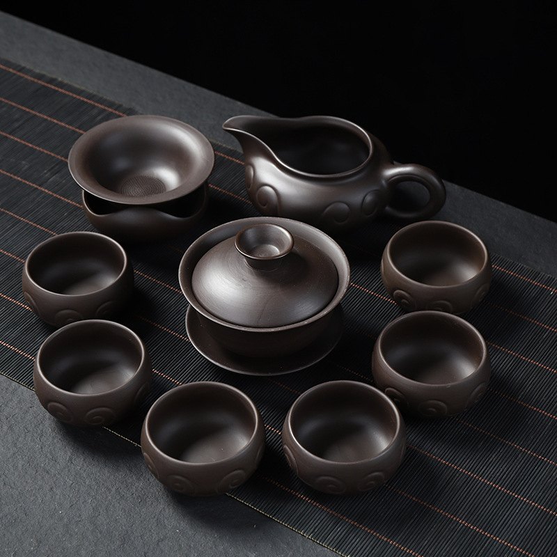 Set complet de ceai Kung Fu din ceramică mov cu nisip, pentru uz casnic și birou, include ceainic, cești și gaiwan, personalizare logo
