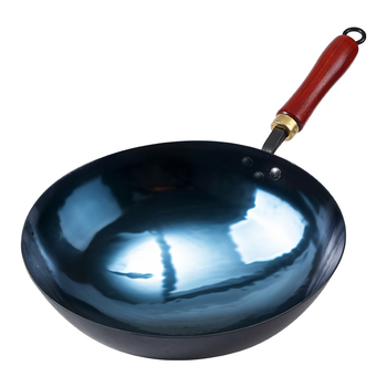 Wok din fier pentru uz casnic, forjat manual, fund rotund, finisaj oglindit, gătit tradițional acasă, wok cu mâner din lemn