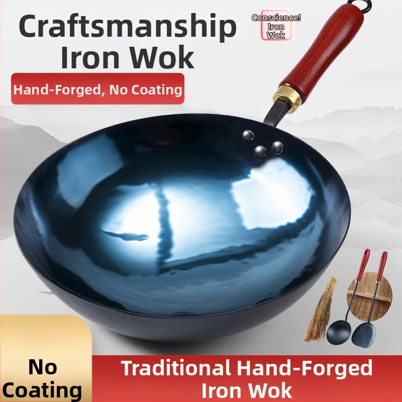 Wok din fier pentru uz casnic, forjat manual, fund rotund, finisaj oglindit, gătit tradițional acasă, wok cu mâner din lemn