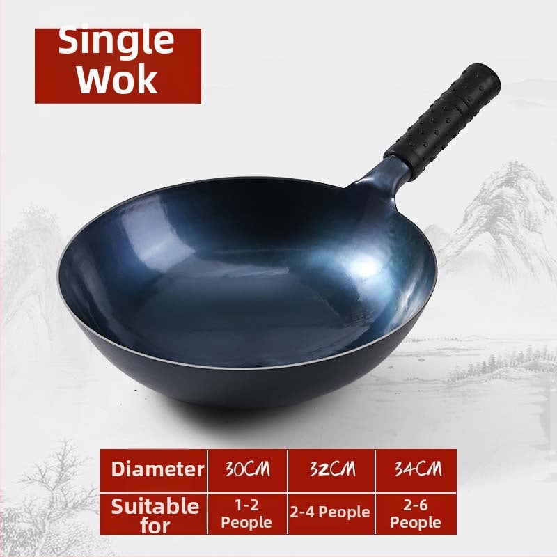 Wok din fier pentru uz casnic, forjat manual, fund rotund, finisaj oglindit, gătit tradițional acasă, wok cu mâner din lemn