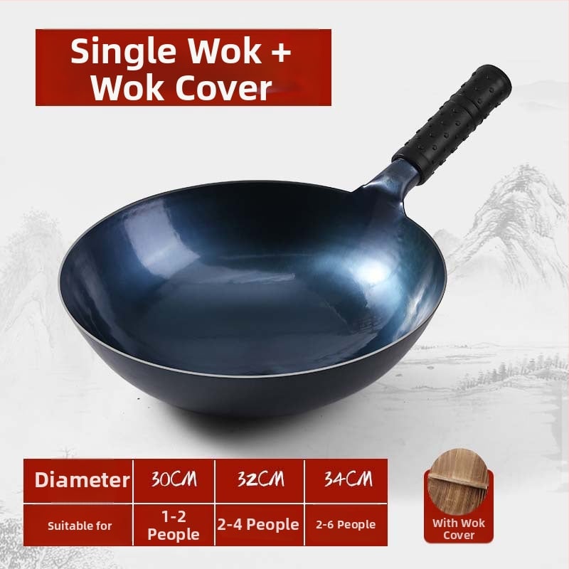 Wok din fier pentru uz casnic, forjat manual, fund rotund, finisaj oglindit, gătit tradițional acasă, wok cu mâner din lemn