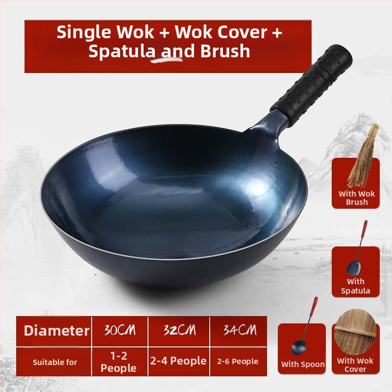 Wok din fier pentru uz casnic, forjat manual, fund rotund, finisaj oglindit, gătit tradițional acasă, wok cu mâner din lemn