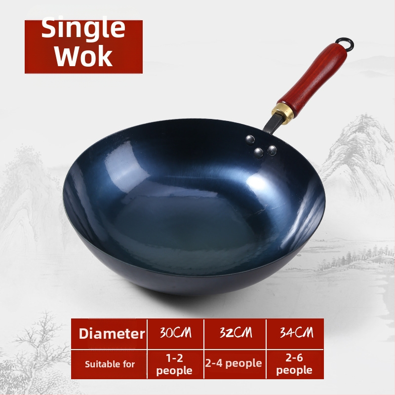 Wok din fier pentru uz casnic, forjat manual, fund rotund, finisaj oglindit, gătit tradițional acasă, wok cu mâner din lemn