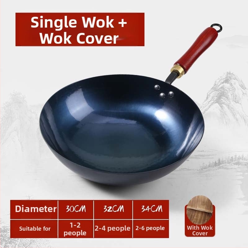 Wok din fier pentru uz casnic, forjat manual, fund rotund, finisaj oglindit, gătit tradițional acasă, wok cu mâner din lemn
