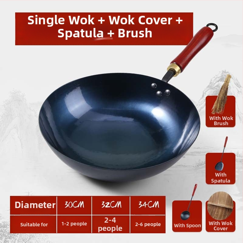 Wok din fier pentru uz casnic, forjat manual, fund rotund, finisaj oglindit, gătit tradițional acasă, wok cu mâner din lemn