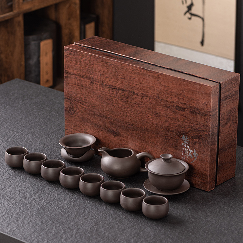 Set ceai Kung Fu din lut mov în cutie cadou – ceainic ceramic și cești pentru ceremonie, calitate de top, personalizabil, cadou de afaceri