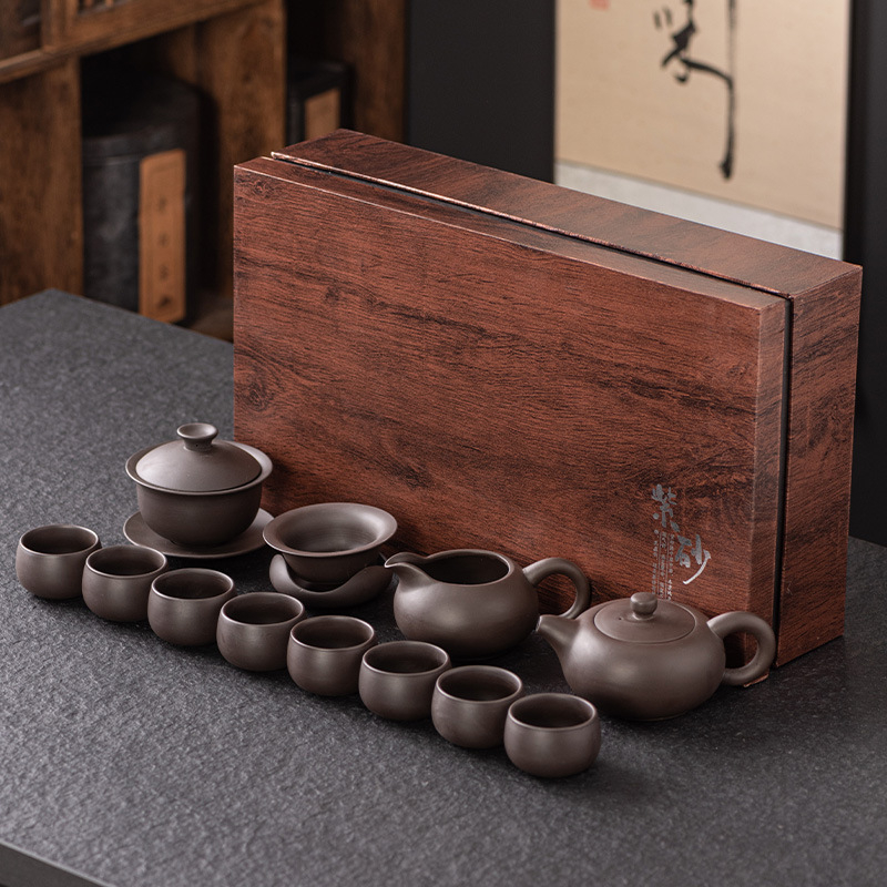 Set ceai Kung Fu din lut mov în cutie cadou – ceainic ceramic și cești pentru ceremonie, calitate de top, personalizabil, cadou de afaceri