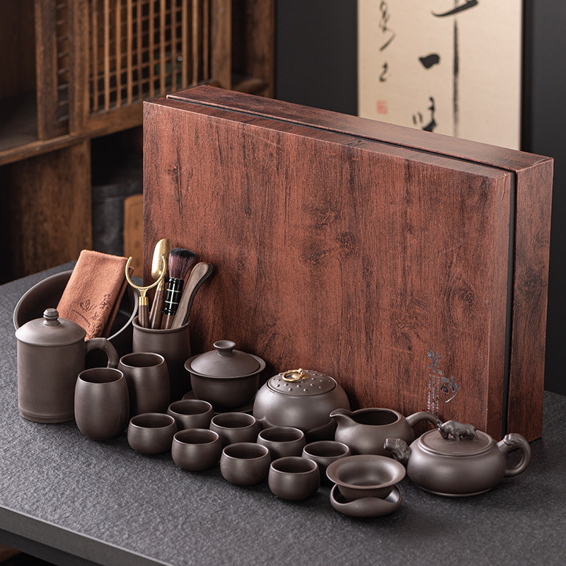 Set ceai Kung Fu din lut mov în cutie cadou – ceainic ceramic și cești pentru ceremonie, calitate de top, personalizabil, cadou de afaceri