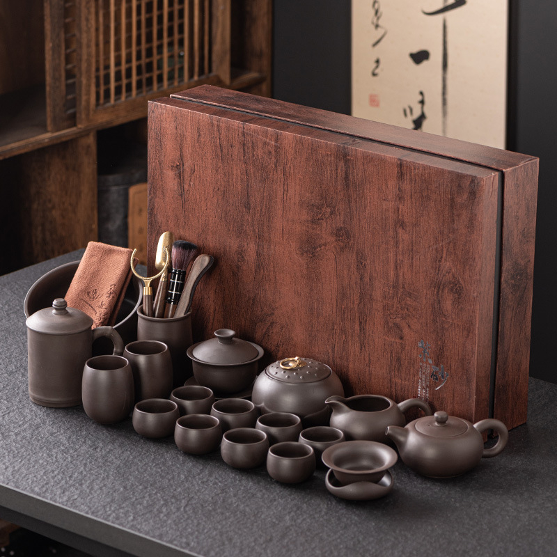 Set ceai Kung Fu din lut mov în cutie cadou – ceainic ceramic și cești pentru ceremonie, calitate de top, personalizabil, cadou de afaceri