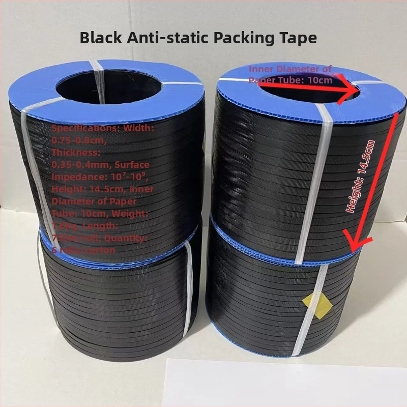 Bandă de ambalare PP antistatice, neagră, lățime 8 mm, grosime 0,4 mm, rezistență la tracțiune 85 kg, model 0804