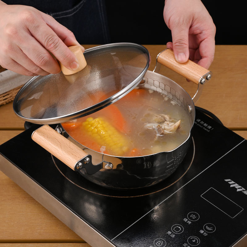 Vas de supă în stil coreean, din oțel inoxidabil 304, cu două mânere și textură ciocanată, potrivit pentru plite cu gaz și inducție, oală pentru noodles, supă și ramen.
