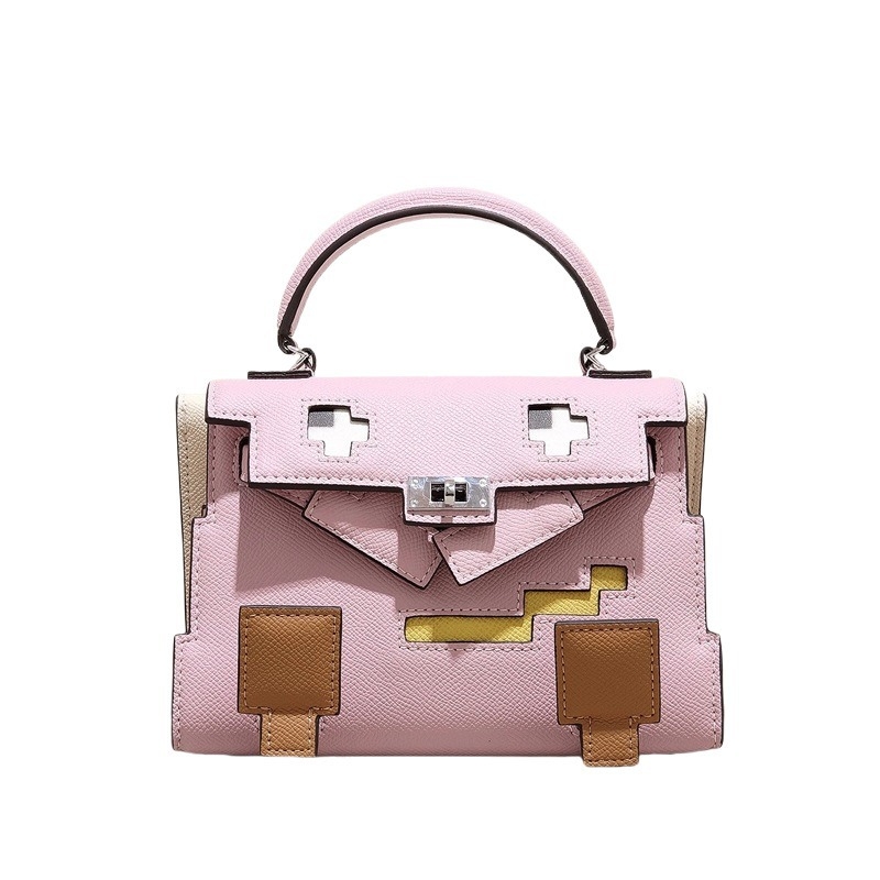 GOLEYS ženska crossbody torbica od prave kože u Kelly stilu, torbica s mozaikom nasmiješenog karikaturnog lica, mini kvadratnog oblika