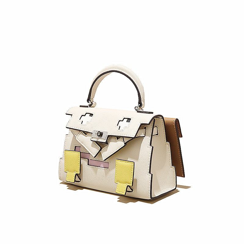 GOLEYS ženska crossbody torbica od prave kože u Kelly stilu, torbica s mozaikom nasmiješenog karikaturnog lica, mini kvadratnog oblika