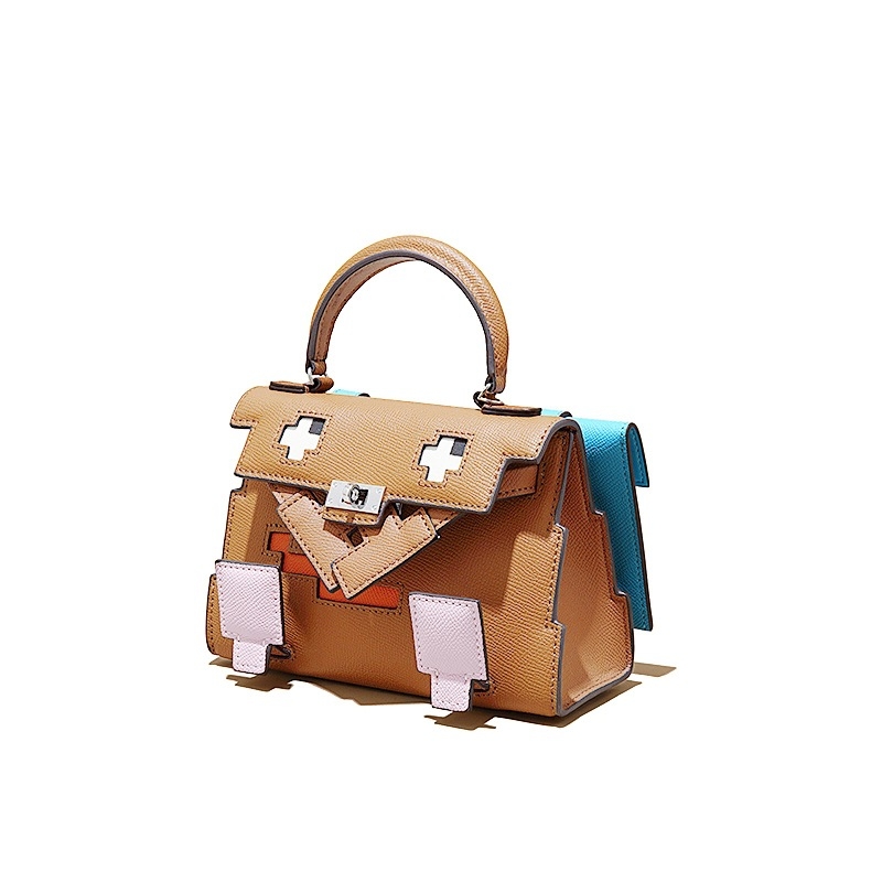 GOLEYS ženska crossbody torbica od prave kože u Kelly stilu, torbica s mozaikom nasmiješenog karikaturnog lica, mini kvadratnog oblika
