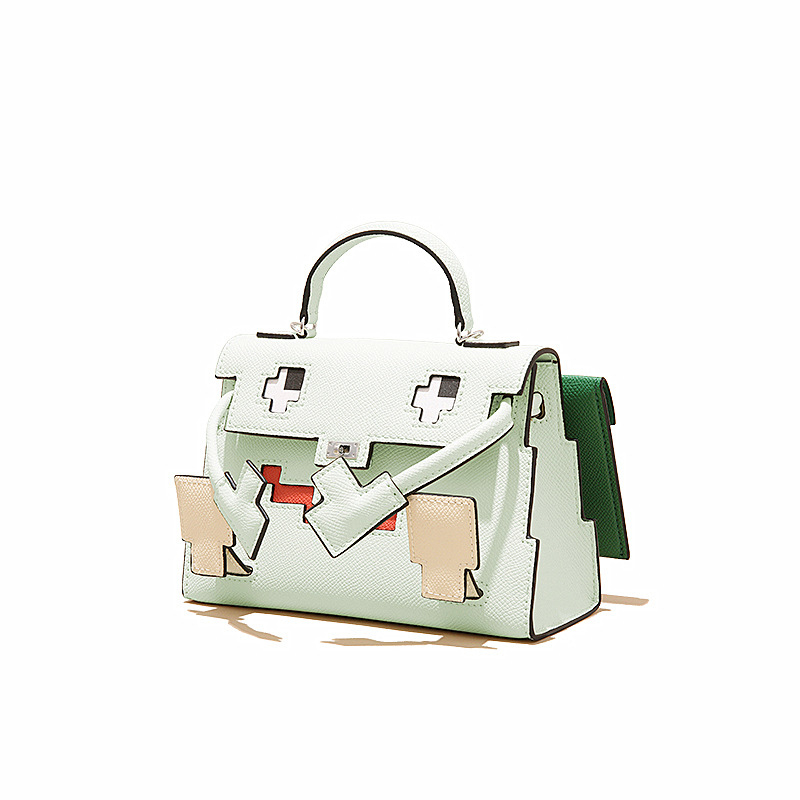 GOLEYS ženska crossbody torbica od prave kože u Kelly stilu, torbica s mozaikom nasmiješenog karikaturnog lica, mini kvadratnog oblika
