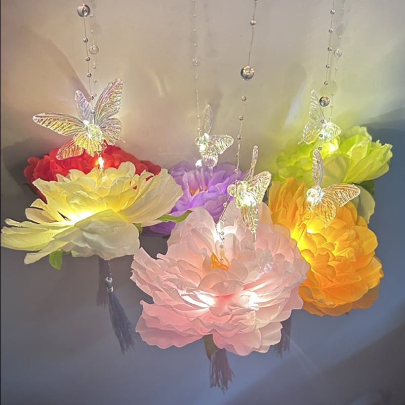 Felinar portabil luminos cu peonie și lotus – motiv fluture, recuzită pentru fotografie Hanfu