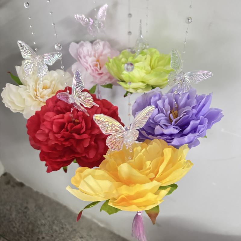 Felinar portabil luminos cu peonie și lotus – motiv fluture, recuzită pentru fotografie Hanfu