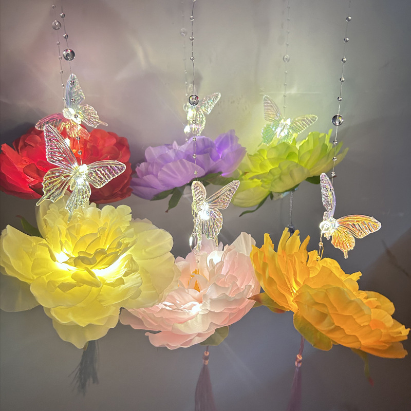 Felinar portabil luminos cu peonie și lotus – motiv fluture, recuzită pentru fotografie Hanfu