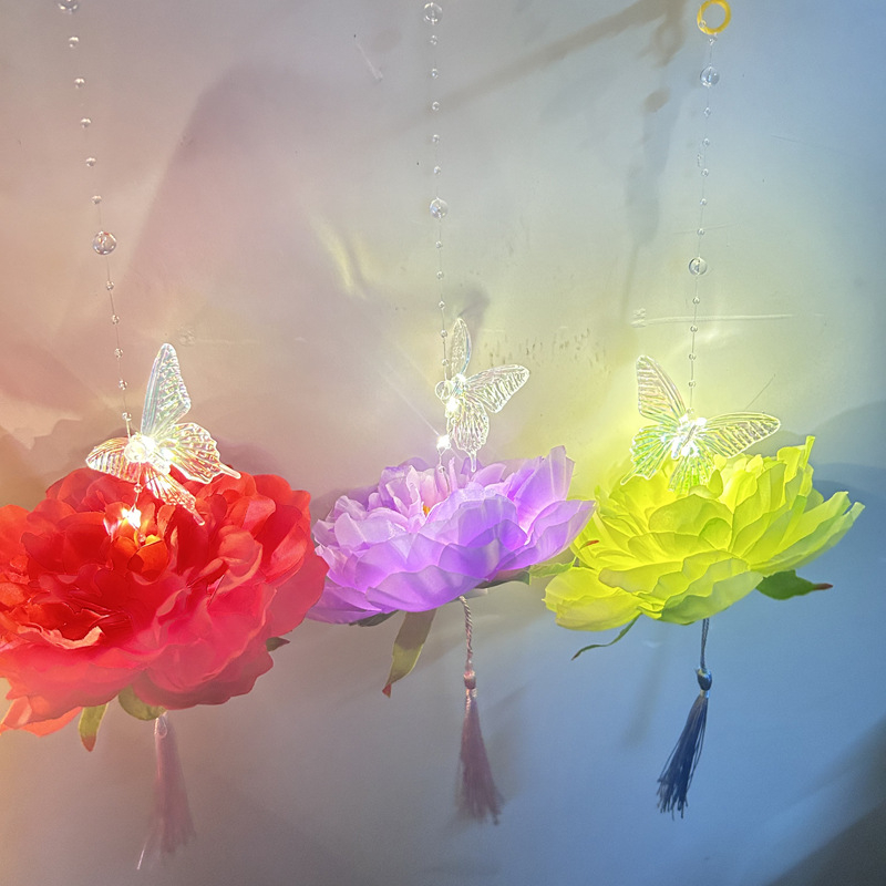 Felinar portabil luminos cu peonie și lotus – motiv fluture, recuzită pentru fotografie Hanfu