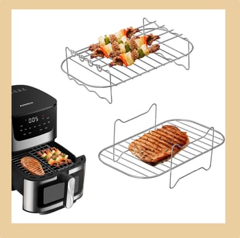 Grilaj pentru air fryer cu frigărui, raft dreptunghiular dublu pentru abur, din oțel inoxidabil