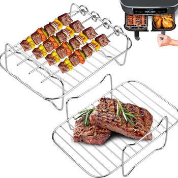 Grilaj pentru air fryer cu frigărui, raft dreptunghiular dublu pentru abur, din oțel inoxidabil