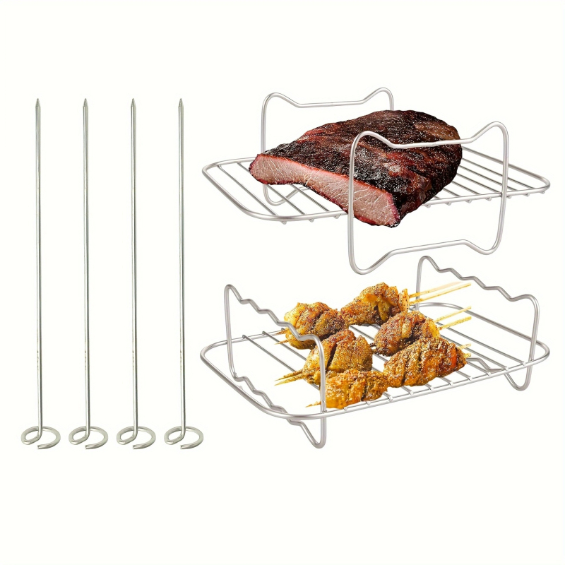 Grilaj pentru air fryer cu frigărui, raft dreptunghiular dublu pentru abur, din oțel inoxidabil