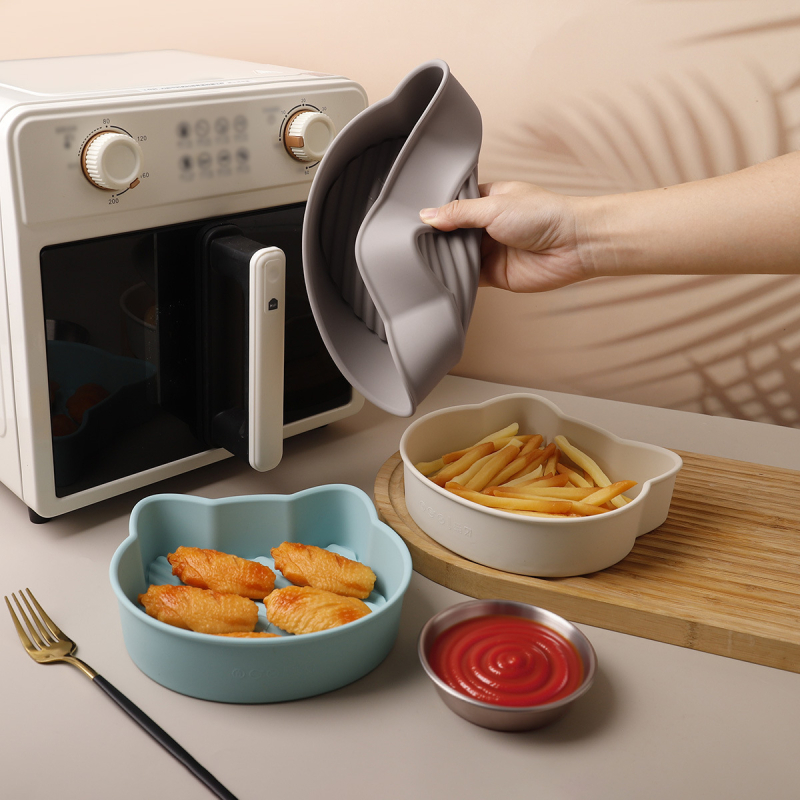 Accesorii pentru friteuza cu aer: tavă de copt din silicon, formă de tort din silicon în formă de pisică, recipient de depozitare multifuncțional cu capac